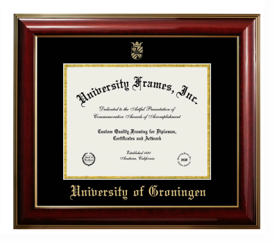 University of Groningen Diploma Frame in Classic Mahogany with Gold Trim with Black & Gold Mats for DOCUMENT: 8 1/2"H X 11"W  