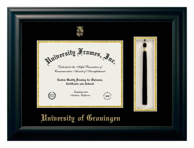 University of Groningen Diploma with Tassel Box Frame in Satin Black with Black & Gold Mats for DOCUMENT: 8 1/2"H X 11"W  