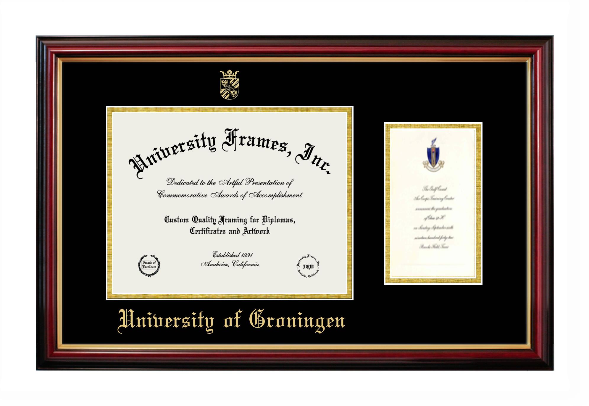 Papua Ny Guinea Vedhæftet fil Konsultation University of Groningen Diploma with Announcement Frame in Petite Mahogany  with Gold Trim with Black & Gold Mats