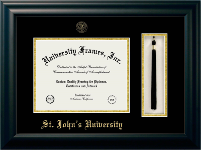 St. John's University (New York) Diploma with Tassel Box Frame in Satin Black with Black & Gold Mats for DOCUMENT: 8 1/2"H X 11"W  