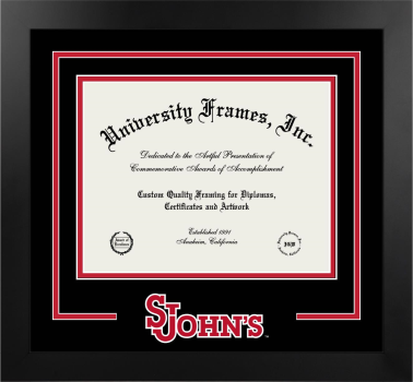 St. John's University (New York) Logo Mat Frame in Manhattan Black with Black & Red Mats for document: 8 1/2"h x 11"w  