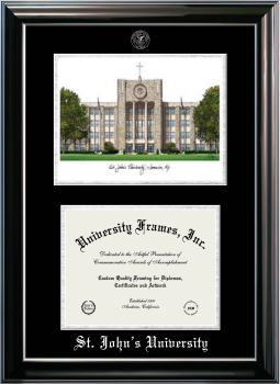 St. John's University (New York) Double Opening with Campus Image (Stacked) Frame in Classic Ebony with Silver Trim with Black & Silver Mats for document: 8 1/2"h x 11"w  
