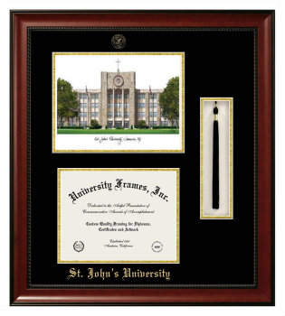 St. John's University (New York) Double Opening with Campus Image & Tassel Box (Stacked) Frame in Avalon Mahogany with Black & Gold Mats for document: 8 1/2"h x 11"w  