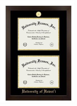 University of Hawaii Double Degree (Stacked) Frame in Manhattan Espresso with Black & Gold Mats for document: 8 1/2"h x 11"w  , document: 8 1/2"h x 11"w  