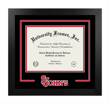 St. John's University School of Law  (New York) Logo Mat Frame in Manhattan Black with Black & Red Mats for document: 8 1/2"h x 11"w  