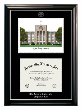 St. John's University School of Law  (New York) Double Opening with Campus Image (Stacked) Frame in Classic Ebony with Silver Trim with Black & Silver Mats for document: 8 1/2"h x 11"w  