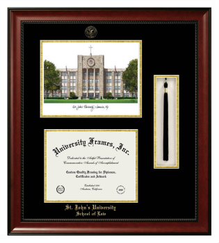 St. John's University School of Law  (New York) Double Opening with Campus Image & Tassel Box (Stacked) Frame in Avalon Mahogany with Black & Gold Mats for document: 8 1/2"h x 11"w  