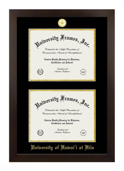 University of Hawaii at Hilo Double Degree (Stacked) Frame in Manhattan Espresso with Black & Gold Mats for document: 8 1/2"h x 11"w  , document: 8 1/2"h x 11"w  