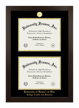 University of Hawaii at Hilo College of Arts and Sciences Double Degree (Stacked) Frame in Manhattan Espresso with Black & Gold Mats for document: 8 1/2"h x 11"w  , document: 8 1/2"h x 11"w  