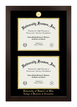 University of Hawaii at Hilo College of Business & Economics Double Degree (Stacked) Frame in Manhattan Espresso with Black & Gold Mats for document: 8 1/2"h x 11"w  , document: 8 1/2"h x 11"w  