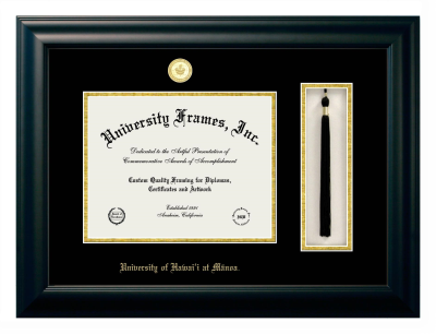University of Hawaii at Manoa Diploma with Tassel Box Frame in Satin Black with Black & Gold Mats for DOCUMENT: 8 1/2"H X 11"W  