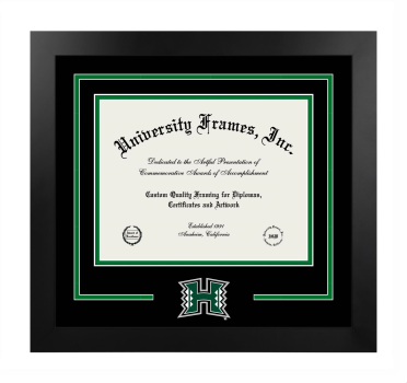 University of Hawaii at Manoa Logo Mat Frame in Manhattan Black with Black & Kelly Green Mats for DOCUMENT: 8 1/2"H X 11"W  