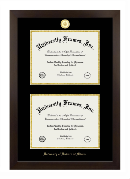 University of Hawaii at Manoa Double Degree (Stacked) Frame in Manhattan Espresso with Black & Gold Mats for document: 8 1/2"h x 11"w  , document: 8 1/2"h x 11"w  