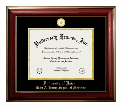 University of Hawaii John A. Burns School of Medicine Diploma Frame in Classic Mahogany with Gold Trim with Black & Gold Mats for DOCUMENT: 8 1/2"H X 11"W  