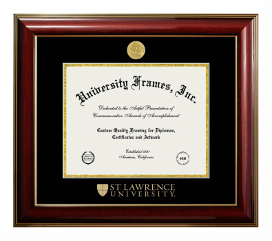 St. Lawrence University Diploma Frame in Classic Mahogany with Gold Trim with Black & Gold Mats for DOCUMENT: 8 1/2"H X 11"W  