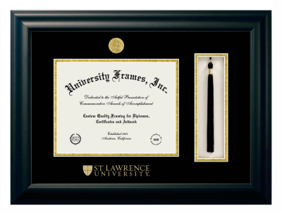 St. Lawrence University Diploma with Tassel Box Frame in Satin Black with Black & Gold Mats for document: 8 1/2"h x 11"w  