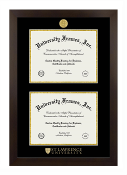 St. Lawrence University Double Degree (Stacked) Frame in Manhattan Espresso with Black & Gold Mats for document: 8 1/2"h x 11"w  , document: 8 1/2"h x 11"w  