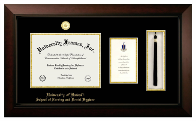 University of Hawaii School of Nursing and Dental Hygiene Diploma with Announcement & Tassel Box Frame in Legacy Black Cherry with Black & Gold Mats for document: 8 1/2"h x 11"w  , diploma: 7"h x 4"w  