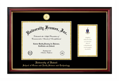 University of Hawaii School of Ocean and Earth Science and Technology Diploma with Announcement Frame in Petite Mahogany with Gold Trim with Black & Gold Mats for document: 8 1/2"h x 11"w  , diploma: 7"h x 4"w  