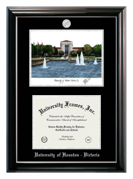 University of Houston - Victoria Double Opening with Campus Image (Stacked) Frame in Classic Ebony with Silver Trim with Black & Silver Mats for document: 8 1/2"h x 11"w  