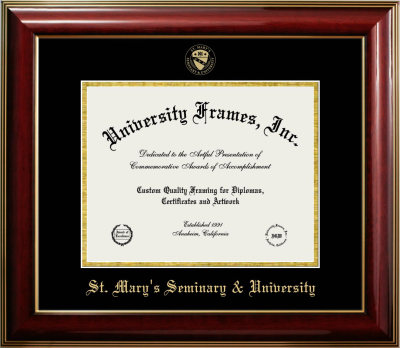 St. Mary’s Seminary & University Diploma Frame in Classic Mahogany with Gold Trim with Black & Gold Mats for DOCUMENT: 8 1/2"H X 11"W  