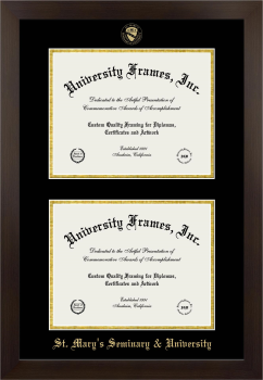 St. Mary’s Seminary & University Double Degree (Stacked) Frame in Manhattan Espresso with Black & Gold Mats for document: 8 1/2"h x 11"w  , document: 8 1/2"h x 11"w  