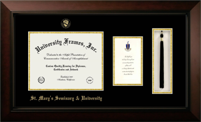 St. Mary’s Seminary & University Diploma with Announcement & Tassel Box Frame in Legacy Black Cherry with Black & Gold Mats for document: 8 1/2"h x 11"w  , diploma: 7"h x 4"w  