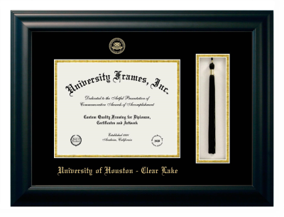 University of Houston Clear Lake Diploma with Tassel Box Frame in Satin Black with Black & Gold Mats for document: 8 1/2"h x 11"w  