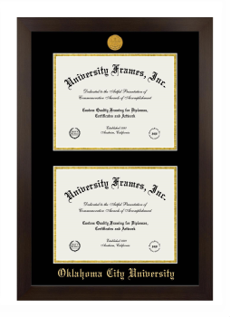 Oklahoma City University Double Degree (Stacked) Frame in Manhattan Espresso with Black & Gold Mats for document: 8 1/2"h x 11"w  , document: 8 1/2"h x 11"w  