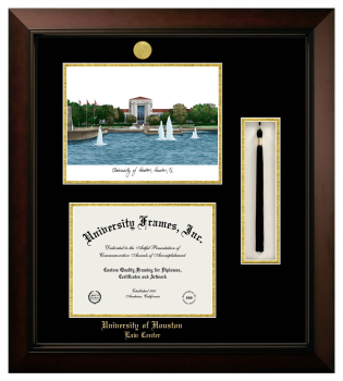 University of Houston Law Center Double Opening with Campus Image & Tassel Box (Stacked) Frame in Legacy Black Cherry with Black & Gold Mats for document: 8 1/2"h x 11"w  