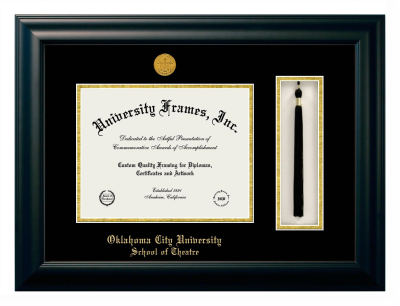 Oklahoma City University School of Theatre Diploma with Tassel Box Frame in Satin Black with Black & Gold Mats for DOCUMENT: 8 1/2"H X 11"W  
