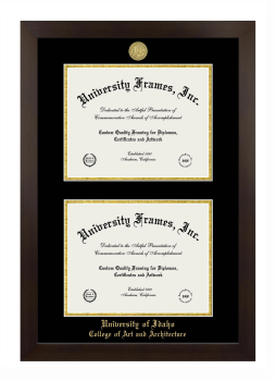 University of Idaho College of Art and Architecture Double Degree (Stacked) Frame in Manhattan Espresso with Black & Gold Mats for document: 8 1/2"h x 11"w  , document: 8 1/2"h x 11"w  