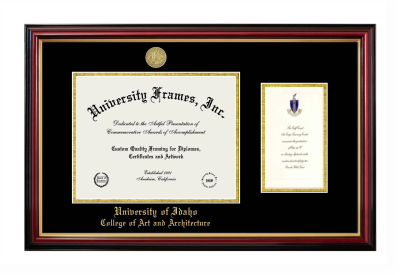 University of Idaho College of Art and Architecture Diploma with Announcement Frame in Petite Mahogany with Gold Trim with Black & Gold Mats for document: 8 1/2"h x 11"w  , diploma: 7"h x 4"w  
