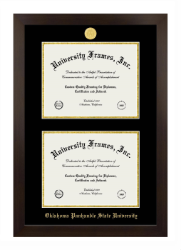 Oklahoma Panhandle State University Double Degree (Stacked) Frame in Manhattan Espresso with Black & Gold Mats for document: 8 1/2"h x 11"w  , document: 8 1/2"h x 11"w  