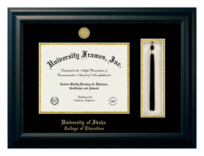 University of Idaho College of Education Diploma with Tassel Box Frame in Satin Black with Black & Gold Mats for document: 8 1/2"h x 11"w  
