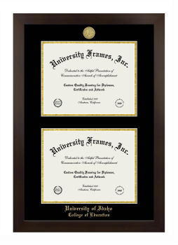 University of Idaho College of Education Double Degree (Stacked) Frame in Manhattan Espresso with Black & Gold Mats for document: 8 1/2"h x 11"w  , document: 8 1/2"h x 11"w  