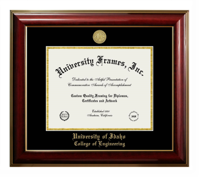 University of Idaho College of Engineering Diploma Frame in Classic Mahogany with Gold Trim with Black & Gold Mats for document: 8 1/2"h x 11"w  