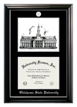 Oklahoma State University Double Opening with Campus Image (Stacked) Frame in Classic Ebony with Silver Trim with Black & Silver Mats for DOCUMENT: 8 1/2"H X 11"W  