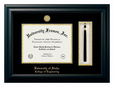 University of Idaho College of Engineering Diploma with Tassel Box Frame in Satin Black with Black & Gold Mats for DOCUMENT: 8 1/2"H X 11"W  