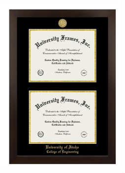 University of Idaho College of Engineering Double Degree (Stacked) Frame in Manhattan Espresso with Black & Gold Mats for document: 8 1/2"h x 11"w  , document: 8 1/2"h x 11"w  