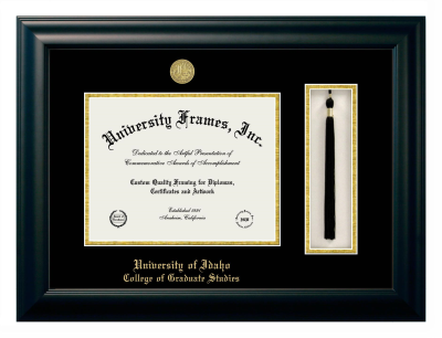 University of Idaho College of Graduate Studies Diploma with Tassel Box Frame in Satin Black with Black & Gold Mats for DOCUMENT: 8 1/2"H X 11"W  
