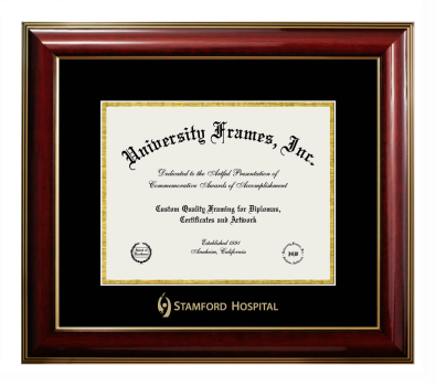 Stamford Hospital Diploma Frame in Classic Mahogany with Gold Trim with Black & Gold Mats for DOCUMENT: 8 1/2"H X 11"W  
