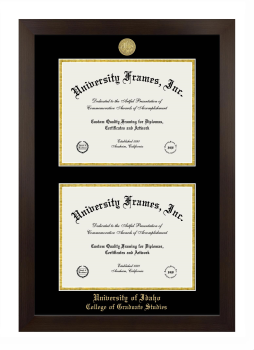 University of Idaho College of Graduate Studies Double Degree (Stacked) Frame in Manhattan Espresso with Black & Gold Mats for document: 8 1/2"h x 11"w  , document: 8 1/2"h x 11"w  