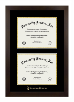 Stamford Hospital Double Degree (Stacked) Frame in Manhattan Espresso with Black & Gold Mats for document: 8 1/2"h x 11"w  , document: 8 1/2"h x 11"w  