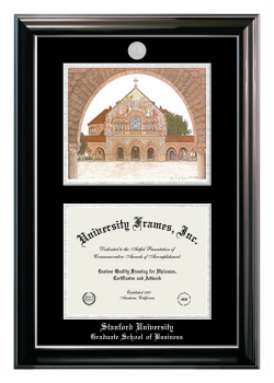 Stanford University Graduate School of Business Double Opening with Campus Image (Stacked) Frame in Classic Ebony with Silver Trim with Black & Silver Mats for document: 8 1/2"h x 11"w  