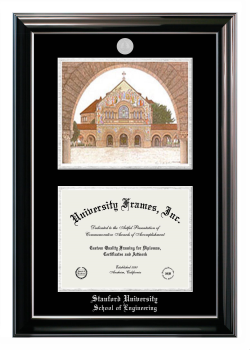 Stanford University School of Engineering Double Opening with Campus Image (Stacked) Frame in Classic Ebony with Silver Trim with Black & Silver Mats for document: 8 1/2"h x 11"w  