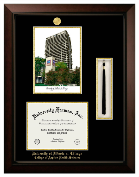 University of Illinois at Chicago College of Applied Health Sciences Double Opening with Campus Image & Tassel Box (Stacked) Frame in Legacy Black Cherry with Black & Gold Mats for document: 8 1/2"h x 11"w  