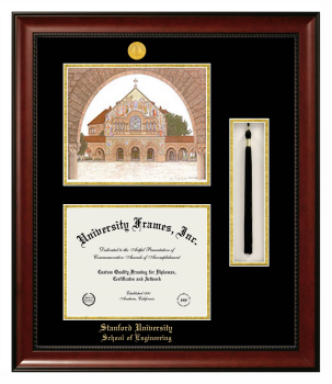 Stanford University School of Engineering Double Opening with Campus Image & Tassel Box (Stacked) Frame in Avalon Mahogany with Black & Gold Mats for document: 8 1/2"h x 11"w  