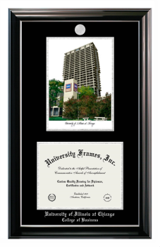 University of Illinois at Chicago College of Business Double Opening with Campus Image (Stacked) Frame in Classic Ebony with Silver Trim with Black & Silver Mats for document: 8 1/2"h x 11"w  