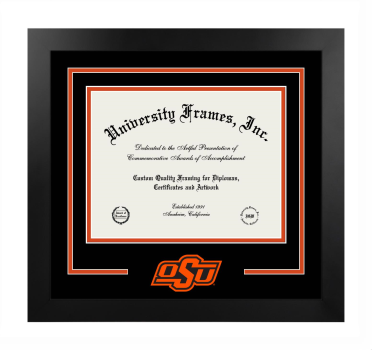 Oklahoma State University Magna Cum Laude Logo Mat Frame in Manhattan Black with Black & Orange Mats for document: 8 1/2"h x 11"w  